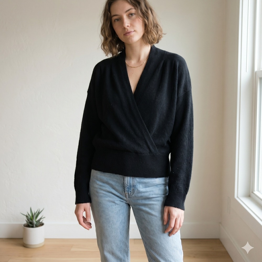FRAME Wrap Sweater Womens Small Black Wool Cashmere Pleated V-Neck Knit Noir‎